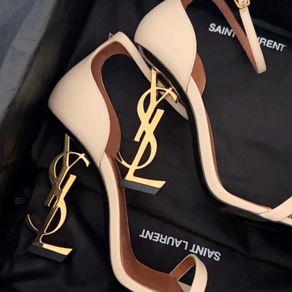 Yves Saint Laurent Cream and Brown Heels with Gold Logo
